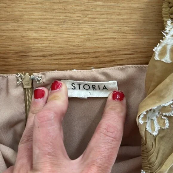 Storia Womens Puff Sleeve Amelia Mini Dress S Tan Floral Spring Babydoll Easter - Picture 6 of 8